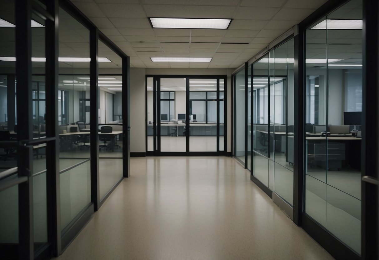 A deserted office building with closed signs on the doors, empty desks, and a sense of stillness and vacancy