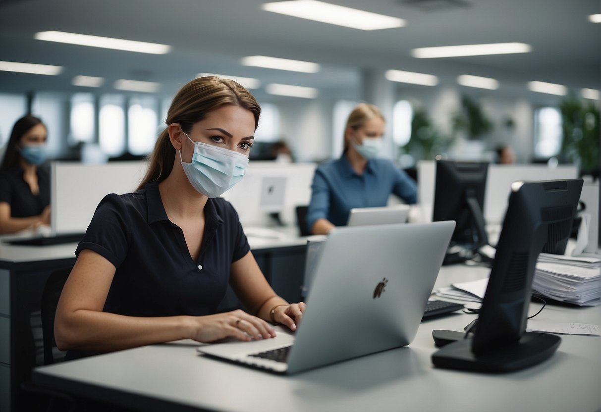 A busy office with employees wearing masks, working at spaced out desks. A manager reviews documents related to COVID-19 employee retention credits