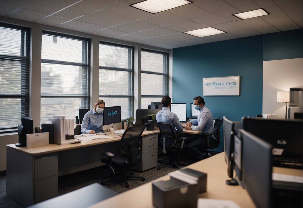 Employees working in a socially distanced office, wearing masks. A sign on the wall reads "Employee Retention Credits in Action." Managers review paperwork at their desks